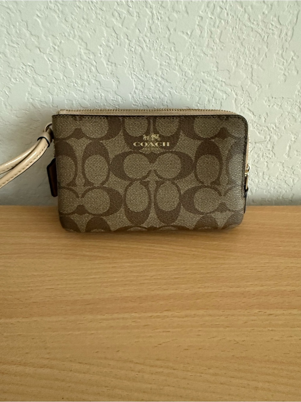 Coach Brown Signature Double Zip Wristlet with Cream Strap